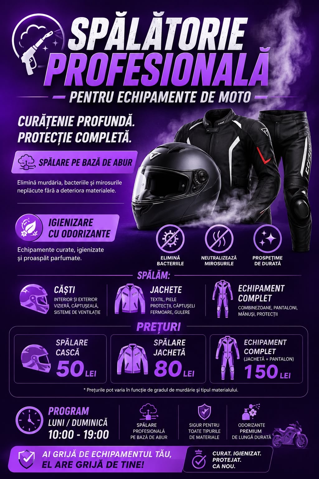 Spălare echipamente moto: jachetă, pantaloni, mănuși, combinezon