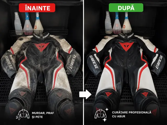 Combinezon moto Dainese din piele – înainte și după curățare cu abur