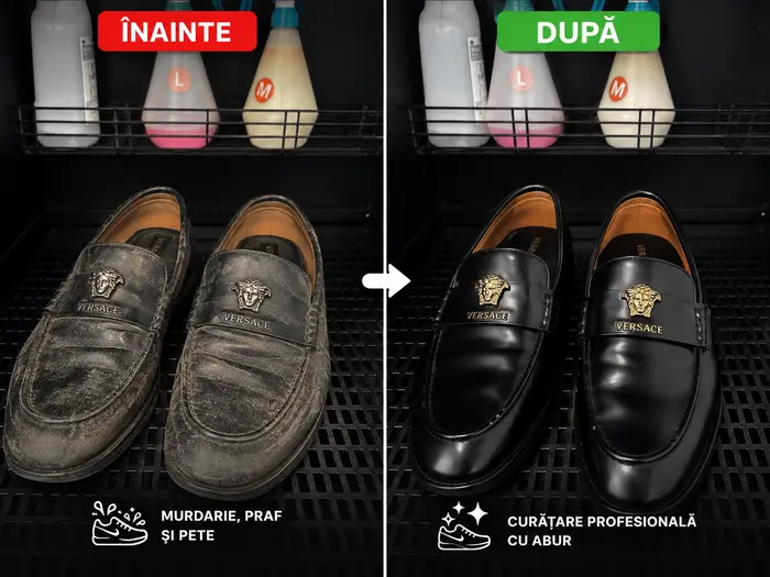 Pantofi eleganți Versace din piele – înainte și după curățare profesională