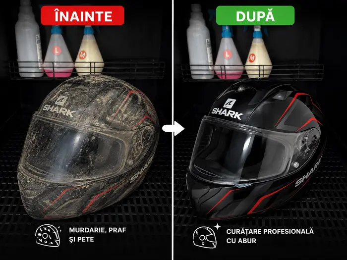 Cască de motocicletă Shark – înainte și după igienizare profesională
