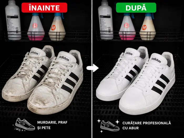 Sneakers Adidas albi – înainte și după curățare cu abur
