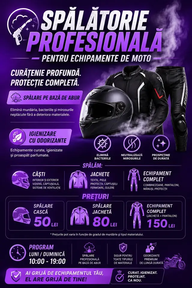 Spălare echipamente moto: jachetă, pantaloni, mănuși, combinezon
