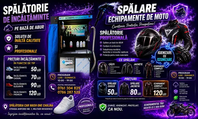 Prezentare servicii spălătorie încălțăminte și echipamente moto